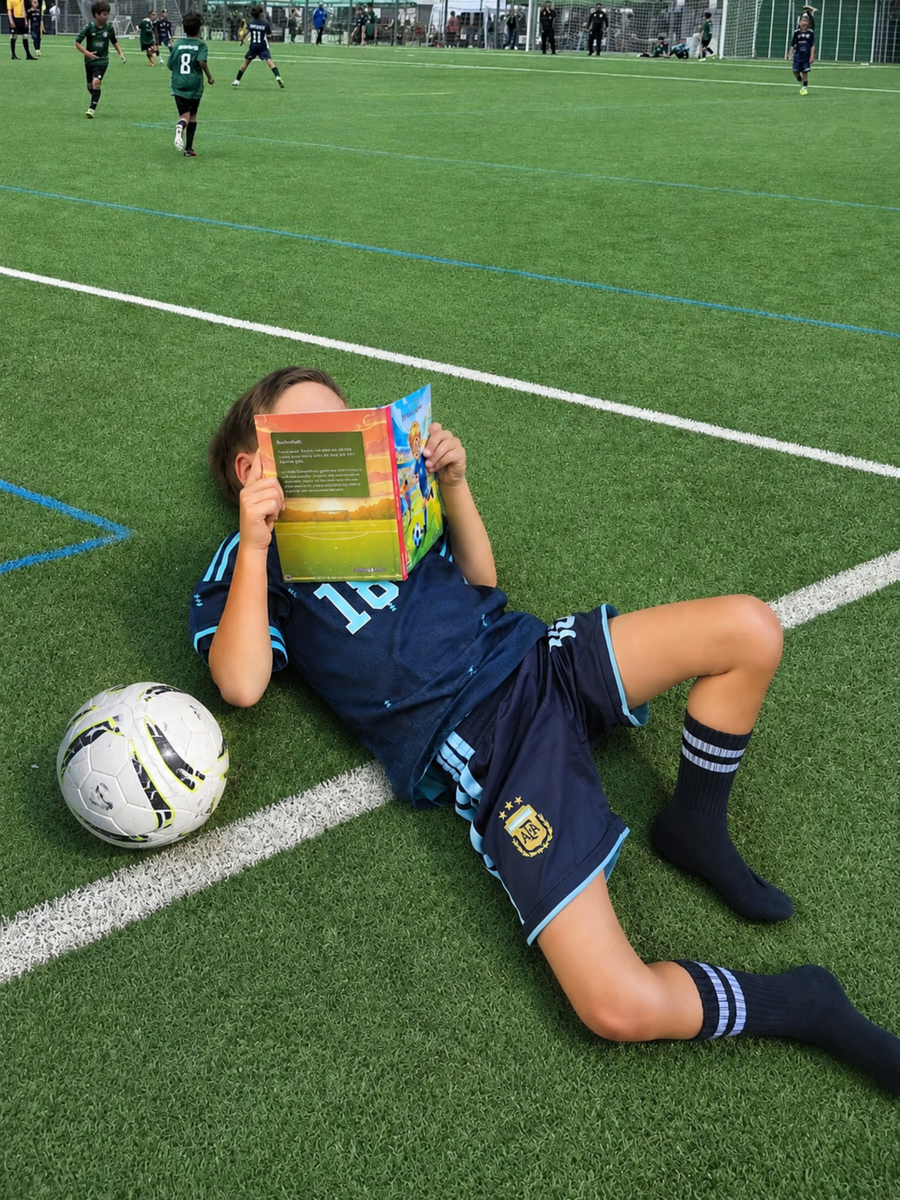 Junge in Fußballtrikot liegt am Spielfeldrand auf dem Kunstrasen und liest sein ballstories-Buch, im Hintergrund läuft ein Spiel