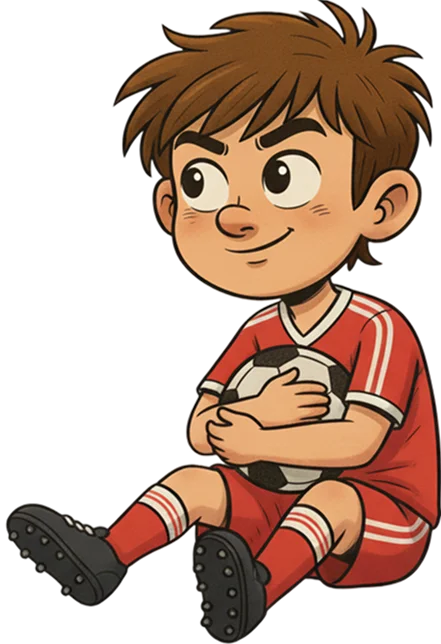 Kind mit grünem Fußballtrikot sitzt lächelnd auf dem Rasen