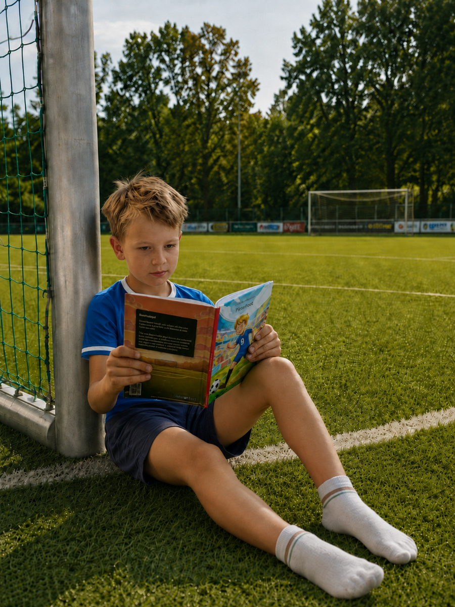 Junge in blauem Trikot sitzt am Torpfosten auf dem Sportplatz und liest sein eigenes ballstories-Buch