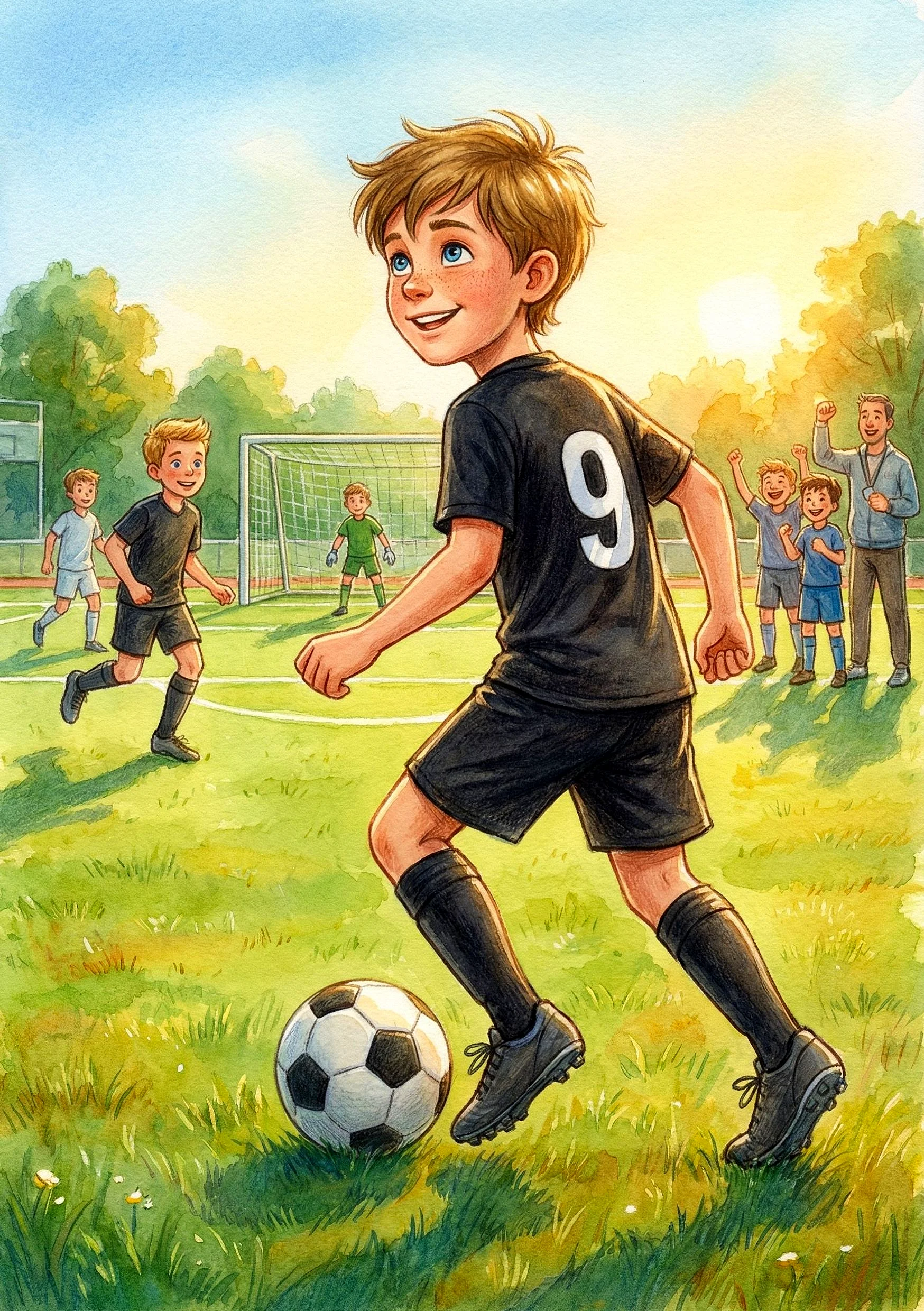 12-jähriger Schüler mit Fußball und Rucksack vor der Schule